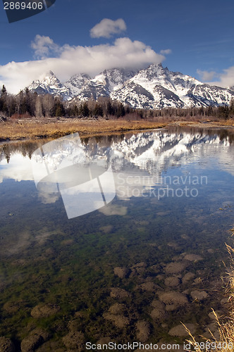 Image of Snake River Cloud Cover Jagged Peaks Grand Teton Wyoming Vertica