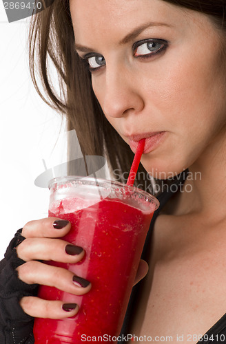 Image of Girl Sipping on Red Food Fruit Smoothie