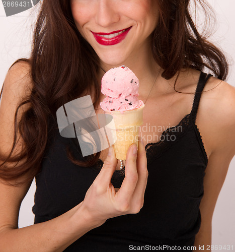 Image of Woman About to Strawberry Eat Ice Cream Cone