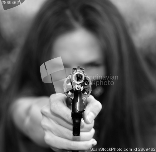 Image of Masked Woman Pointing Gun Right at Camera