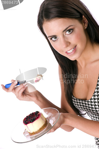 Image of Attractive Young Woman eats Cheescake Dessert Food Sweets