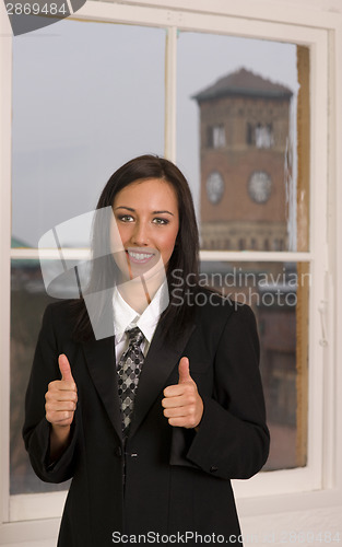 Image of Office Worker Business Woman Smiles Showing Thumbs Up