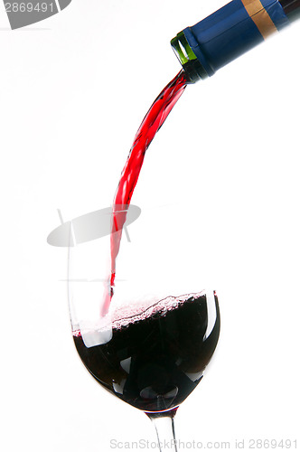 Image of Red Burgundy Wine Pour Bottle Neck to Filled Glass