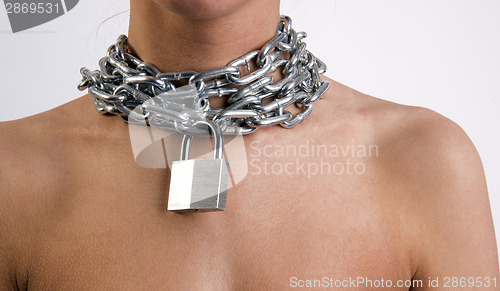 Image of Woman's Neck and Chest Locked in Padlock and Chain