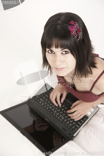Image of Woman Works on Laptop Computer Sitting on Floor