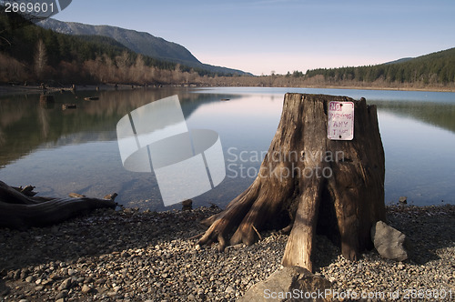 Image of Tree Stump No Parking Sign Rattlesnake Lake North Cascade Mounta