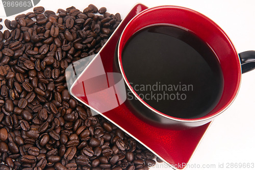 Image of Mocha Java Red Porcelain Coffe Cup Sitting in Roasted Beans