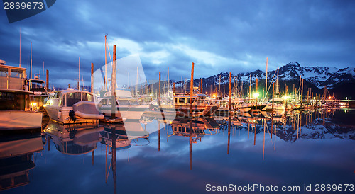 Image of Seward Marina and Boats in the Middle of the Night Smooth Water