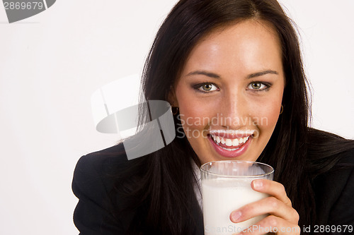 Image of Attractive Brunette Female Drinks and Gets a Milk Mustache