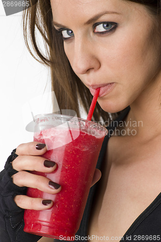 Image of Blue Eyed Woman Enjoys Red Fruit Food Ice Smoothie