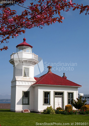 Image of West Coast Lighthouse Ferry Arriving Puget Sound Washington