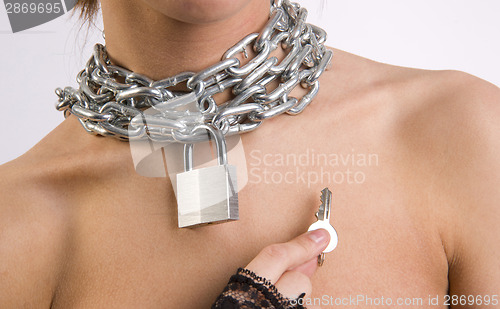 Image of Chastity Chain Around Woman's Neck Padlock Key