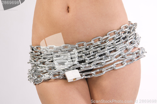 Image of Private Parts of Female Wrapped in Chain and Padlock
