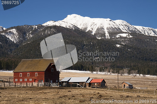 Image of Red Barn Outbuilding Mountain Ranch Homestead Western United Sta