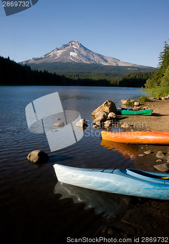 Image of Boats Near Mountain Trillium Lake America Stock Photo