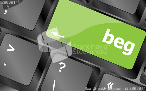 Image of beg word on keyboard key, notebook computer button