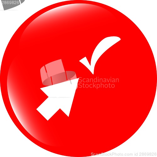 Image of computer button with arrow and check mark, web icon isolated on white