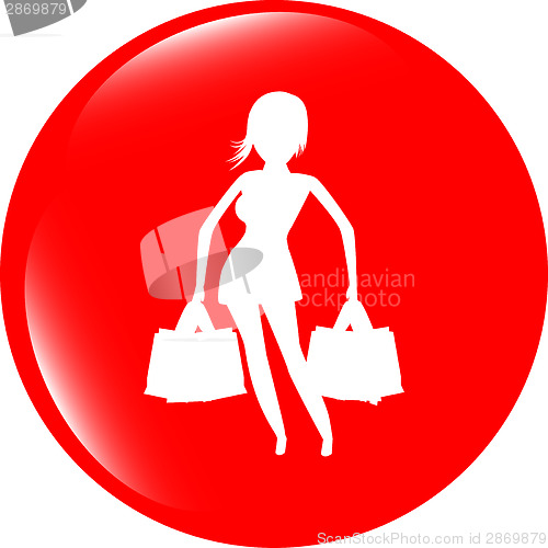 Image of Shopping woman with bags, web icon isolated on white