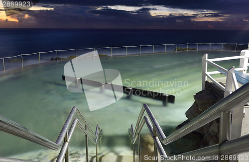 Image of Bronte pool, lit up at dawn before sunrise