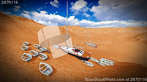 Image of dried out lake with boats
