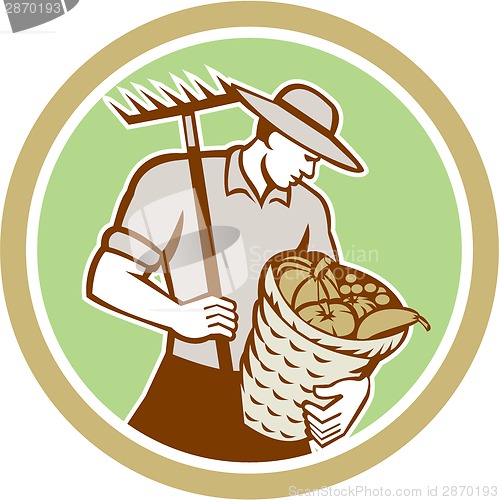 Image of Organic Farmer Holding Rake Harvest Basket Retro