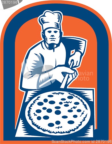 Image of Pizza Maker Holding Pizza Peel Shield Woodcut