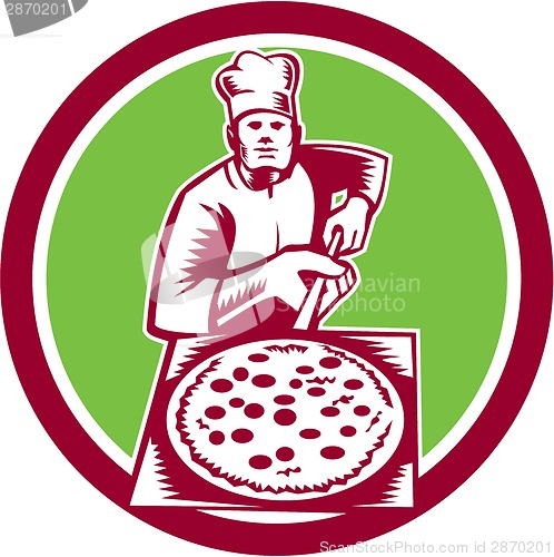 Image of Pizza Maker Holding Pizza Peel Circle Woodcut