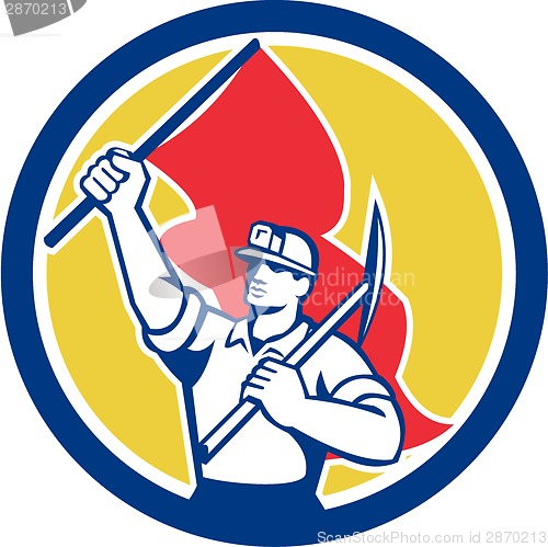 Image of Coal Miner Hardhat Holding Axe and Flag Retro