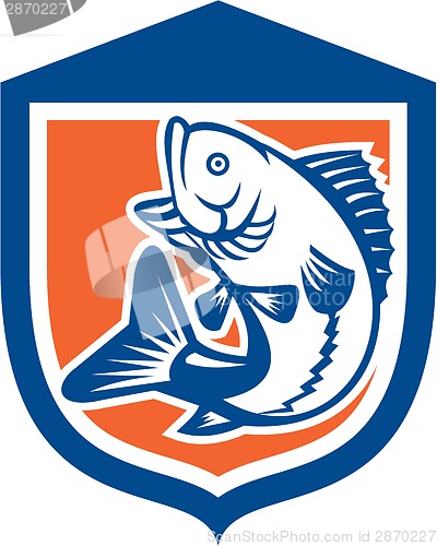 Image of Largemouth Bass Jumping Side View Shield Retro