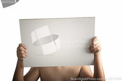 Image of White Plastic laminate sign held up by hands
