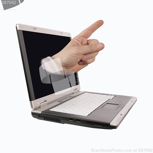 Image of pointing hand coming out from a laptop