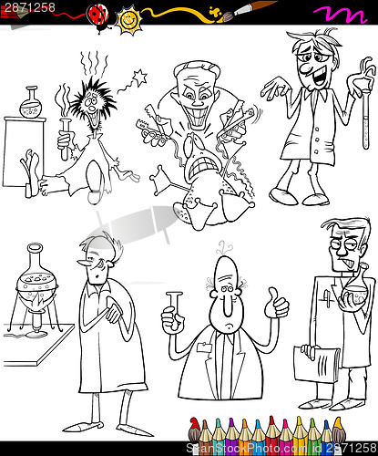 Image of scientists set cartoon coloring book