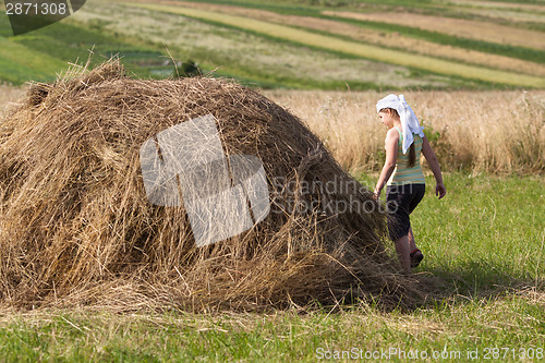 Image of Girl and hay on field in sunset