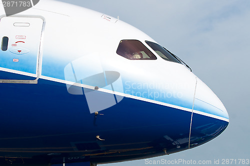 Image of Front of wide-body airplane