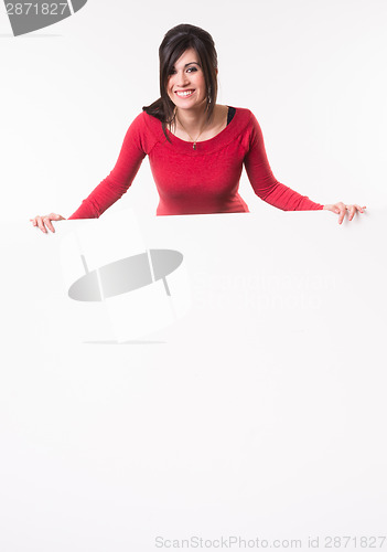 Image of Female Presenter Stands Above Blank White Board Smiling Woman