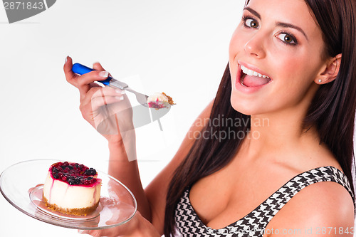 Image of Horizontal Composition Attractive Brunette Woman Eating Sweet De