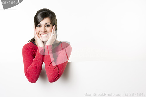 Image of Female Presenter Stands Blank White Board Smiling Excited Woman