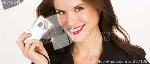 Image of Attractive Brunette Woman Happy Taking Point and Shoot Camera Ph