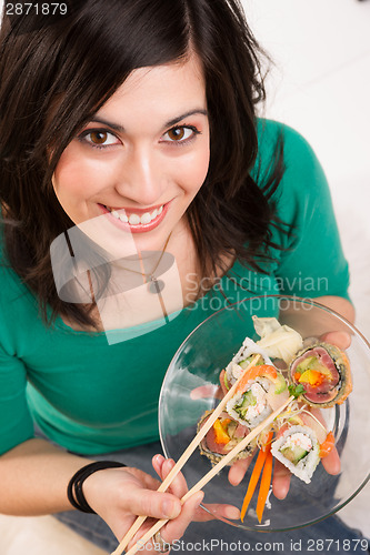 Image of Candid Close Portrait Cute Brunette Woman Raw Food Sushi Lunch