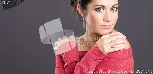 Image of Big Brown Bright Eyed Attractive Woman Wearing Red Charcoal Back