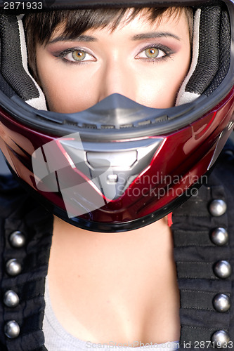 Image of Girl With Pretty Green Eyes in Red Full Face Helmet