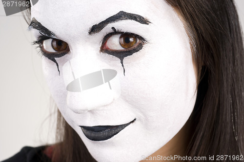 Image of Beautiful Brunette Woman Theatrical Close Up Mime Dance White Fa