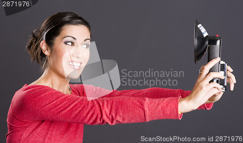 Image of Self Portrait Attractive Excited Woman Takes Selfie Picture Port