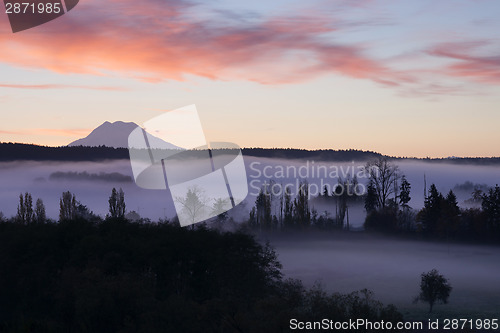 Image of Fog Fills Nisqually Valley Before Sunrise Morning Light Mount Ra