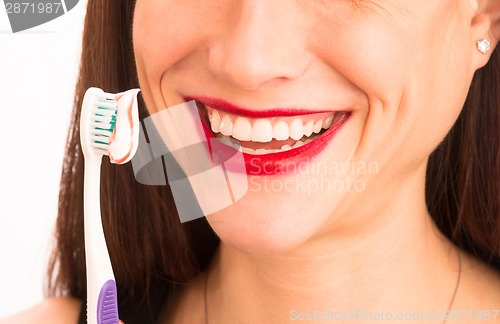 Image of Attractive Woman Wonderful Smile Adult Female Brushing Teeth Too