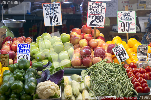 Image of Apples Beans Corn Oranges Peppers Food Displayed at Farmers Mark