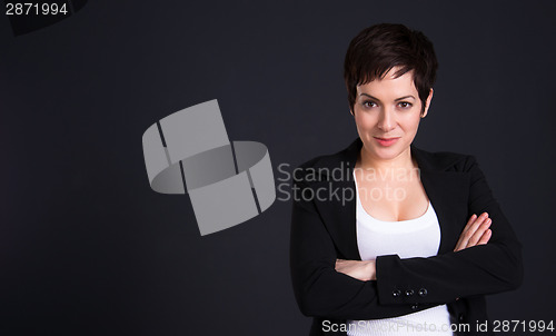 Image of Happy Brunette Woman Draws Attention Business Female Office Port