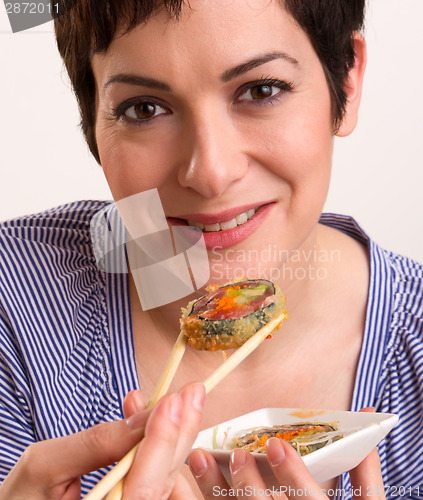 Image of Candid Close Portrait Cute Brunette Woman Raw Food Sushi Lunch