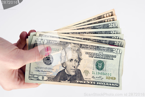 Image of Female Hand Holds Cash Payment Currency Twenty Dollar Money Gree