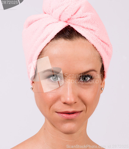 Image of Smiling Attractive Female Model Bare Skin Shower Hair Towel